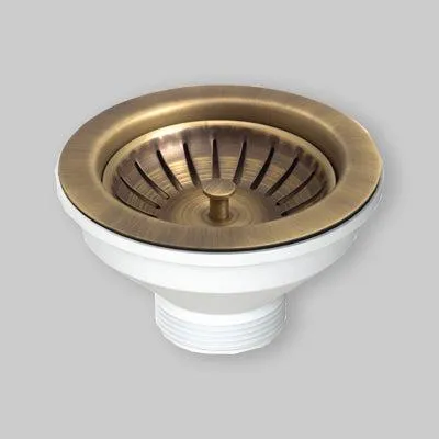 Imagen del producto de Desagüe de latón envejecido para lavabo de cocina, con orificio de Ø90, conexión STP de 1"1/2 y diámetro de 114 mm