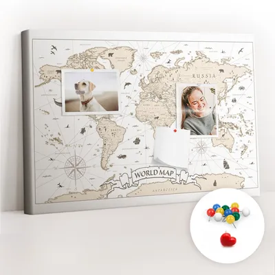 Imagen del producto de Tablero de corcho con chinchetas – Tablero con chinchetas para fotografías y notas – 60x40 cm – Chinchetas de colores, 100 unidades – Mapa del mundo de estilo vintage