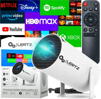 A collage of streaming service logos, a projector, and a remote control.
