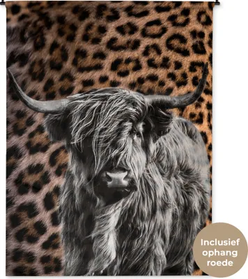 Produktbild von MuchoWow® Wandteppich Wandbehang Schottisches Hochlandrind - Schwarz - Weiß - Panther 150x200 cm Tapisserie Dekoration Wandtuch - Wandaufhängung - Moderner
