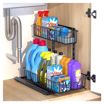 Produktbild von 2-stufiges Waschbeckenregal, Ausziehbarer Spülschrank Organizer, Metallkörbe für Küche und Bad, Mehrzweck-Unterschrank (Schwarz)