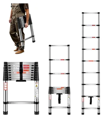 Produktbild von Teleskopleiter, 254 cm, Ausziehleiter aus Edelstahl, Klappleiter mit einer Tragkraft von 150 kg (75°) und rutschfesten Füßen, tragbare 9-Stufen-Leiter für Zuhause, Wohnmobil, Dachboden