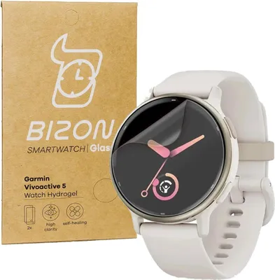 A product shot showing the packaging for a Bizon smartwatch hydrogel screen protector next to a Garmin Vivoactive 5 smartwatch with the protector applied.