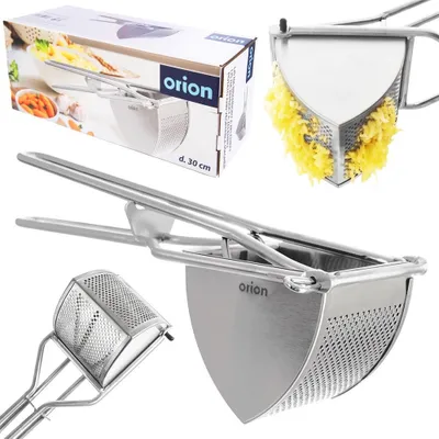 A collage of images showing a potato press and its packaging.