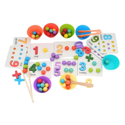 A collection of Montessori math learning toys, including number cards, colored beads, sorting cups, and counting tools, arranged on a white background.
