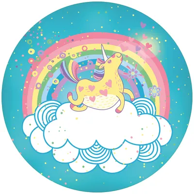 Produktbild von Wallario Premium Glasbild, freischwebende Optik, kräftige Farben, rund 50cm Durchmesser, Motiv Lustiges Einhorn auf einer Wolke vor Regenbogen