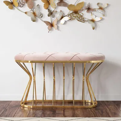 Image de Banc en tissu rose avec structure dorée, dimensions : 91 x 38 x 52 cm