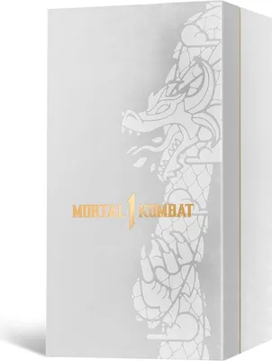 A white box with a dragon design and the Mortal Kombat 1 logo.