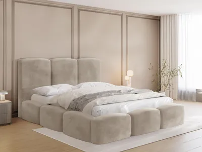 Produktbild von Polsterbett 120x200 mit Bettkasten und Lattenrost – Creme Bett mit hohem Kopfteil, Boucle oder Samt Stoff - Modernes Doppelbett mit Stauraum – Bettgestell, ohne Matratze – Harmony - Beige