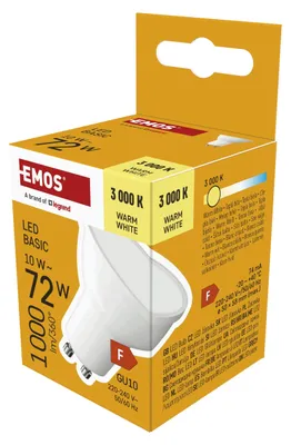 Zdjęcie produktu dla EMOS Żarówka punktowa LED, 10 W zamiennik żarówki halogenowej 72 W, żarówka reflektorowa MR16 z trzonkiem GU10, jasność 1000 lm, ciepła biel 3000 K, ZL8F52