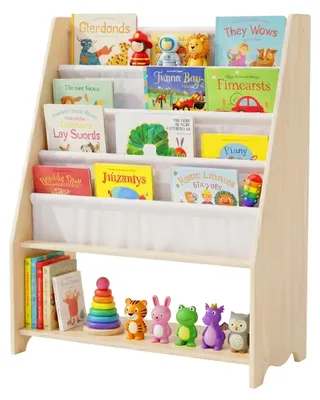Image de Bibliothèque pour enfants avec 4 compartiments en tissu et étagère, Montessori