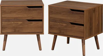 Two brown wooden nightstands with two drawers each, shown from the front.