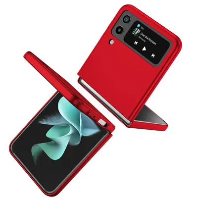 A red Samsung Z Flip4 5G phone case is shown in two configurations: one closed and one open.