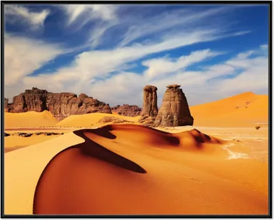 Produktbild von Wallario Wandbild Felsen und Sand in der Sahara Wüste, Größe: 40,30 x 50,30 cm, Poster mit schwarzem Aluminiumrahmen