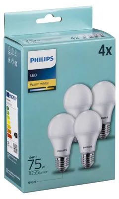 Zdjęcie produktu dla Philips Żarówka bańkowa 75 W A60 E27 x4, 10 W, 75 W, E27, 1055 lm, 15000 h, Ciepłe białe