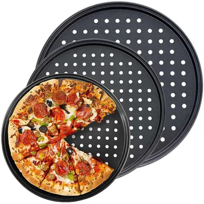 Produktbild von 3er Pizzaform Set Kohlenstoffstahl, Pizzablech, Antihaft Pizza Backblech mit Luftlöchern, Rundes Pizzablech für Ofen, 24/28/32 cm