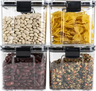 Produktbild von Krumble Vorratsdosen mit Deckel 4 Stück - Vorratsdosen - Lebensmittelkonservierung - Zuckerdose - Kunststoff - Fassungsvermögen 700 ml - 10 x 10 x 9,5 cm (lxbxh) - Transparent und schwarz