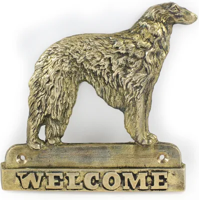 Zdjęcie produktu dla Borzoi – tabliczka na drzwi z motywem psa, mosiężna tabliczka powitalna, wyjątkowa plakietka z napisem "Witamy" firmy Art-Dog