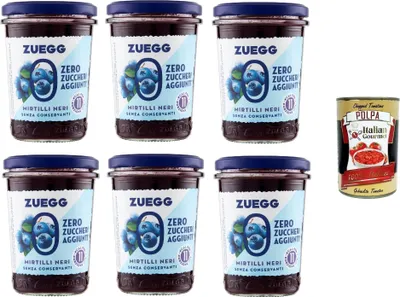 Produktbild von Zuegg Zero Mirtilli, Blaubeeren Marmelade Jam Ohne Zuckerzusatz,Frei von Konservierungsstoffen 6x 220g Glas + Italian Gourmet Polpa di Pomodoro 400g Dose