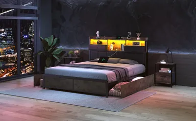 Obrázek produktu pro Manželská postel 140x200 cm s kovovým rámem 600 kg, 4 úložné zásuvky, USB port, LED osvětlení, pohodlné čelo z PU
