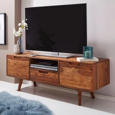 Zdjęcie produktu dla FineBuy HiFi – niskie szafki pod telewizor z litego drewna sheesham w stylu rustykalnym, 135 x 51 x 45 cm, szafka pod telewizor z szufladą i 2 drzwiami, stolik pod telewizor z półką