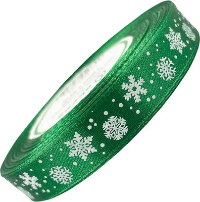 Image de Ruban de satin vert avec flocons de neige 12mm x 23m