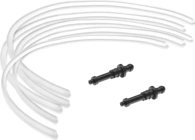 A set of clear plastic tubes and two black connectors on a white background.