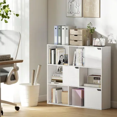 Immagine prodotto di MODFU mobile libreria laterale a 9 cubi con 3 ante, mobile buffet a cubi con set antiribaltamento in truciolato, bianco