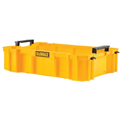 A yellow DeWALT tool crate with black handles, shown against a white background.
