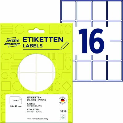 Produktbild von Avery Zweckform 3326, Vielzweck-Etiketten, 38 x 29 mm, 384 Etiketten / 24 Bögen, Weiß