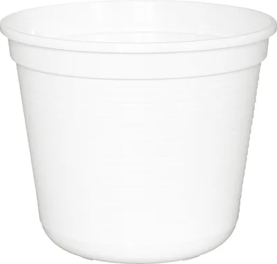 A white plastic plant pot with a ribbed texture.