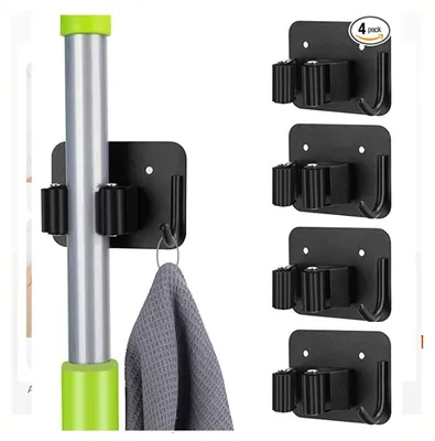 Produktbild von Wandmontierter Besenhalter, 6-teiliges Set, Edelstahl, für Mopps, Kehrschaufeln und Gartengeräte, für Garage, Küche, Balkon, Garten, Schwarz