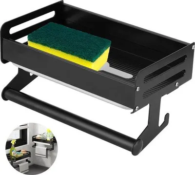 Obrázek produktu pro Organizér do kuchyně s držákem na utěrky a držákem na ručníky, černý, bez vrtání, samolepicí, pro kuchyňské doplňky