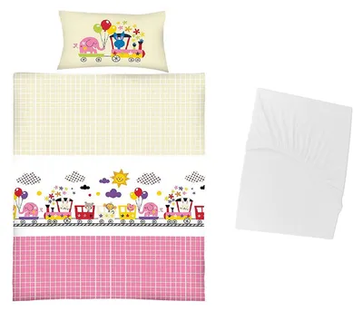Produktbild von 3 tlg Baby Bettwäsche Set - lustiger Zug - Renforcé - 40x60 100x135 cm + 1 Spannbettlaken weiß 60x120 - 70x140 cm