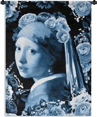 Produktbild von MuchoWow® Wandteppich Wandbehang Mädchen mit einem Perlenohrring - Rosen - Delfter Blau 90x120 cm Tapisserie Dekoration Wandtuch - Wanddeko