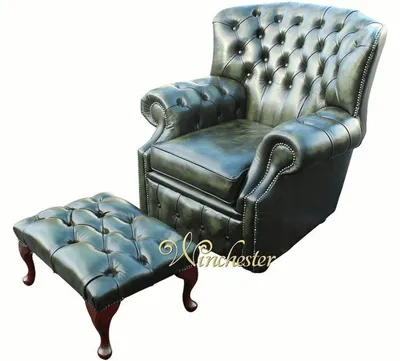 Zdjęcie produktu dla Fotel skrzydłowy Chesterfield 1 osobowy + stołek designerska skórzana sofa kanapy nowe zielone
