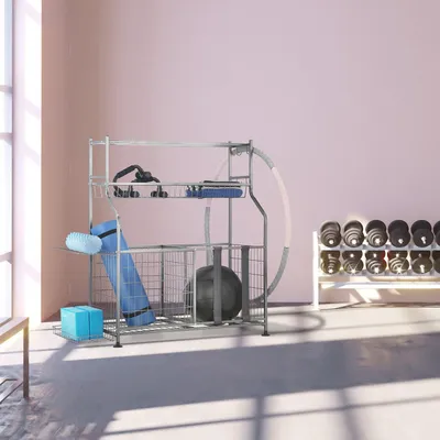 Produktbild von Relaxdays Sportgeräte Aufbewahrung, Metall, Regal für Sportutensilien & Bälle, HBT: 111 x 118 x 42 cm, Ballregal, grau