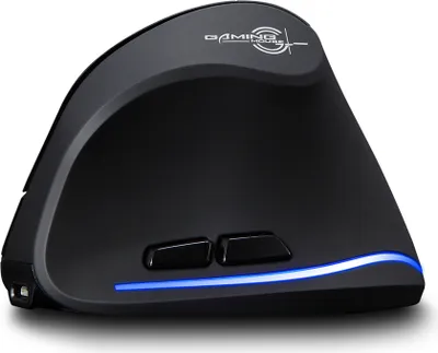 A black vertical gaming mouse with blue LED lighting.