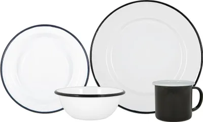 Produktbild von Argon Ta 16pc weißen Emaille-Geschirr Set - Stahl Outdoor-Camping-Platten-Schüsseln Tassen - Schwarz