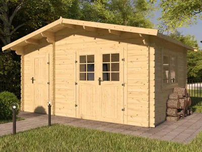 Produktbild von WOODTEX Naturbelassen 3x3 Meter Gartenhaus Blockbohlenhaus Keiko 34 mm, Fichte Massivholz, Doppelstabmatten Schloss, Dachpappe, Gartenhaus Holz