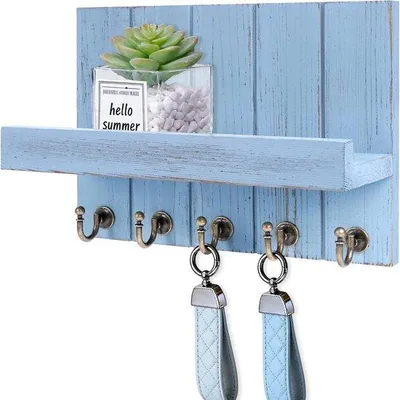 Produktbild von Holzschlüsselhalter mit Ablage, 5 Schließelhaken, dekorativer Holzschrank, für Eingang, Halle, Schlafzimmer, alten Blau