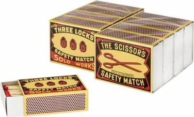 Several boxes of matches are displayed on a white background. One box is partially open, showing the matches inside.