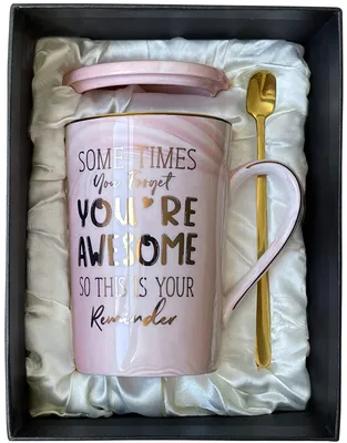 Kaffeetasse 14 oz mit Spruch, Deckel & Löffel, Geschenkbox