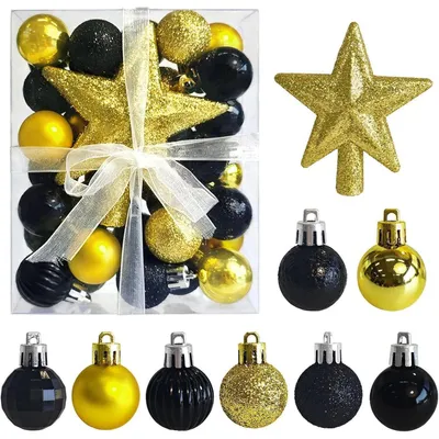 Productafbeelding van Mini kerstballen, 30 stuks, zwart en goud, 3 cm, met ster, geschikt als boomtop