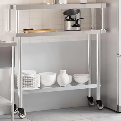 Produktbild von Edelstahl Küchen-Arbeitstisch mit Aufsatzboard, 110 x 30 x 120 cm, 4 Rollen mit Bremsen, für Gastronomie Restaurant Küche Gewerbe Catering und Lagerung