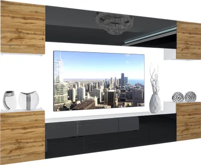 Produktbild von BELINI Wohnwand Vollausstattung Wohnzimmer-Set Moderne Schrankwand mit LED-Beleuchtung Weiß Glänzend Anbauwand TV-Schrank Wotan Eiche / Schwarz Glänzend/Matt