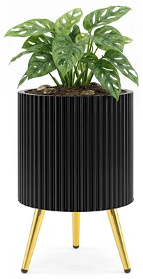 Productafbeelding van COSTWAY Bloempot, plantenbak Ø35x53,5cm, metalen plantenbak en kruk met poten en drainagegaten, plantpot voor tuin, zwart+goud