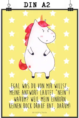 Produktbild von Mr. & Mrs. Panda Bild Einhorn Wut DIN A2 - Gelb Pastell - Geschenk, drucke, wanddeko, Lustig, Büro, Arbeit, Unicorn, Wandbild, Spaß, Einhörner, Kunstdruck, poster