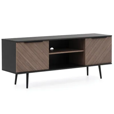 Obrázek produktu pro BEAUTYSOFA | TV skříň PARINI 150 cm, TV lowboard se 2 dvířky a otevřenou policí, televizní skříň, TV stolek v hnědé a černé barvě s rybí kostkou