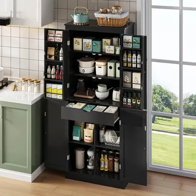 Image de OKWISH Buffet Haut avec 2 Portes et Tiroirs - Meuble de Cuisine Noir Multifonction avec Rangement Intérieur 75x40x180 cm